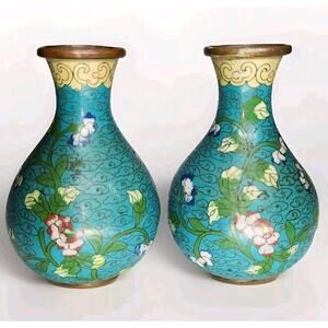 Pair of Small Chinese Cloisonne Vases Blue Green Floral Vintage 4.25×2.75" VG-EX
